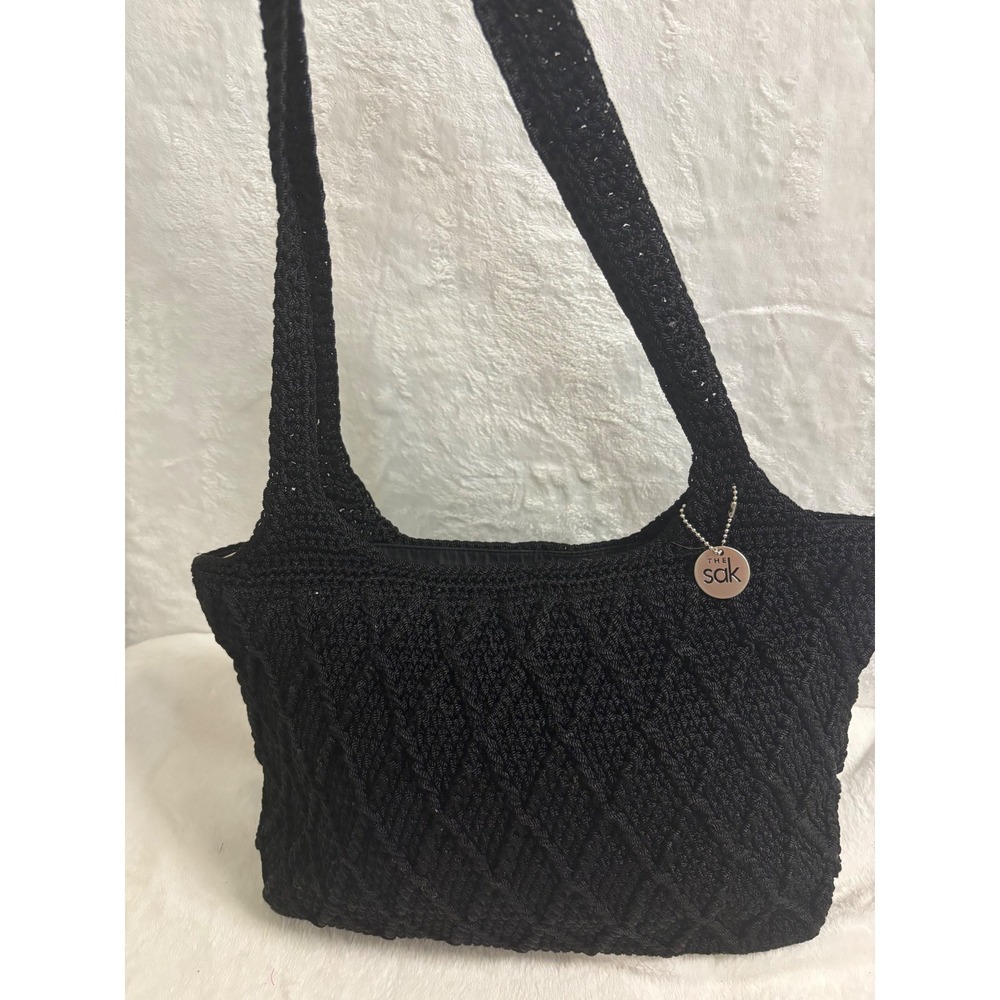 The Sak Black Crochet Diamond Weave Shoulder Bag Zip Top Purse Logo Charm